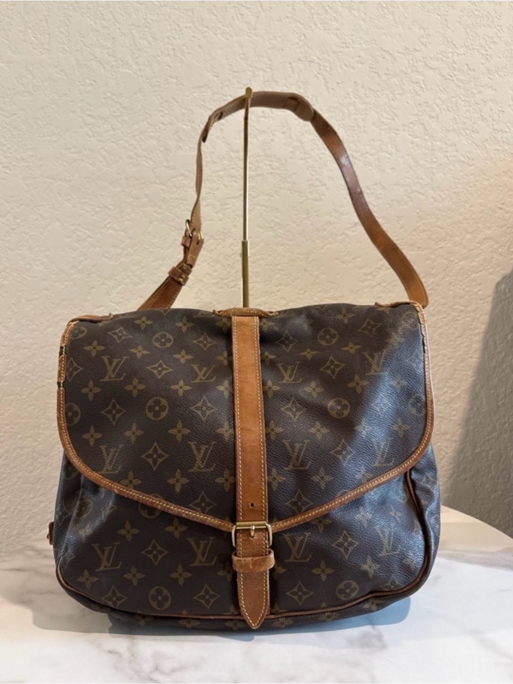 Louis Vuitton Brown Monogram Canvas Crossbody Bag with Tan Leather Trim
